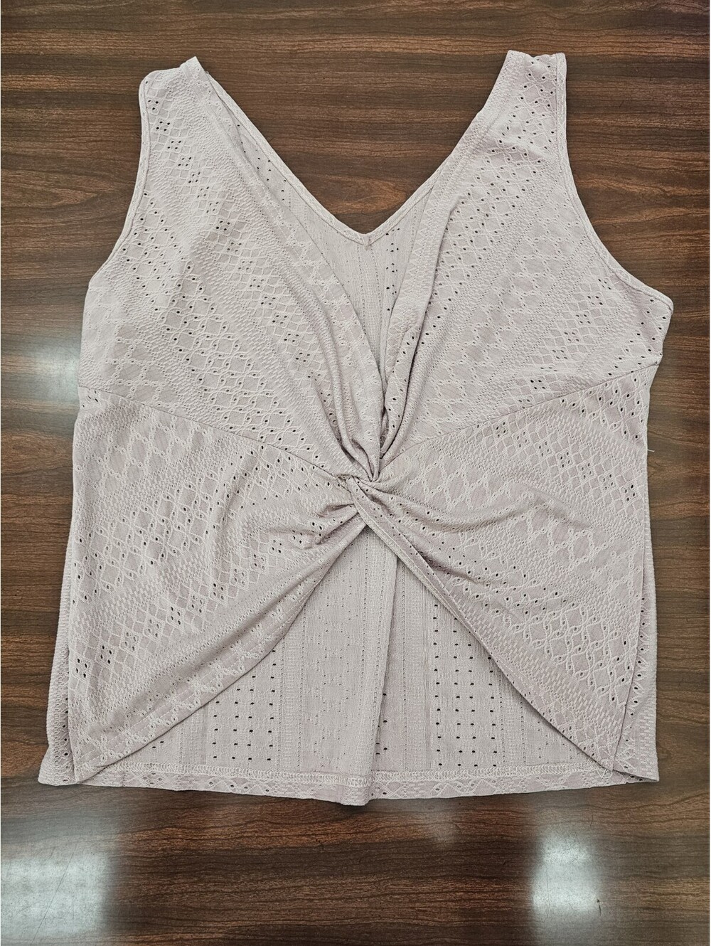 Womens 2X Blush Mauve Eyelet Knit Top Twist Knot Front V Neck Stretch